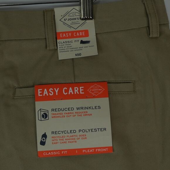 St Johns Bay Chino Pants Mens 42x30 Khaki Easy Care Classic Fit Pleat Front - Picture 5 of 12